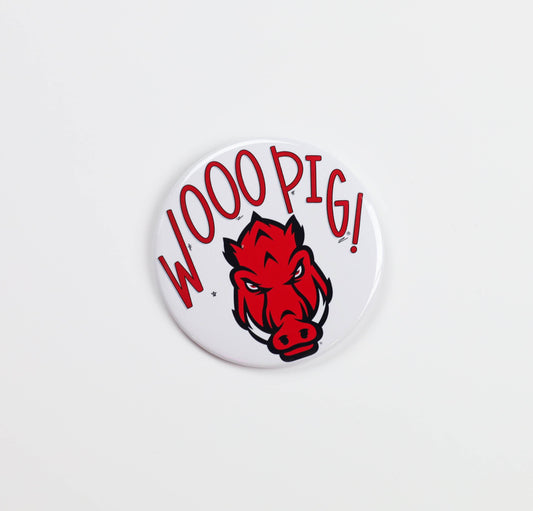 Button badge with red pig logo and 'WOOO PIG!' text on a white background, razorback gameday pins, Arkansas gameday pins, razorback gameday button, gameday buttons, tailgate buttons, red game day pins, red gameday button
