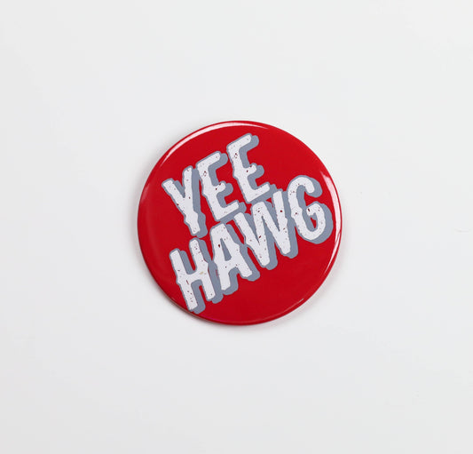 Red button with 'YEE HAWG' text on a light gray background, Yee hawg gameday button, hogs gameday button, yeehaw gameday, pin hogs gameday pin, gameday pins near me