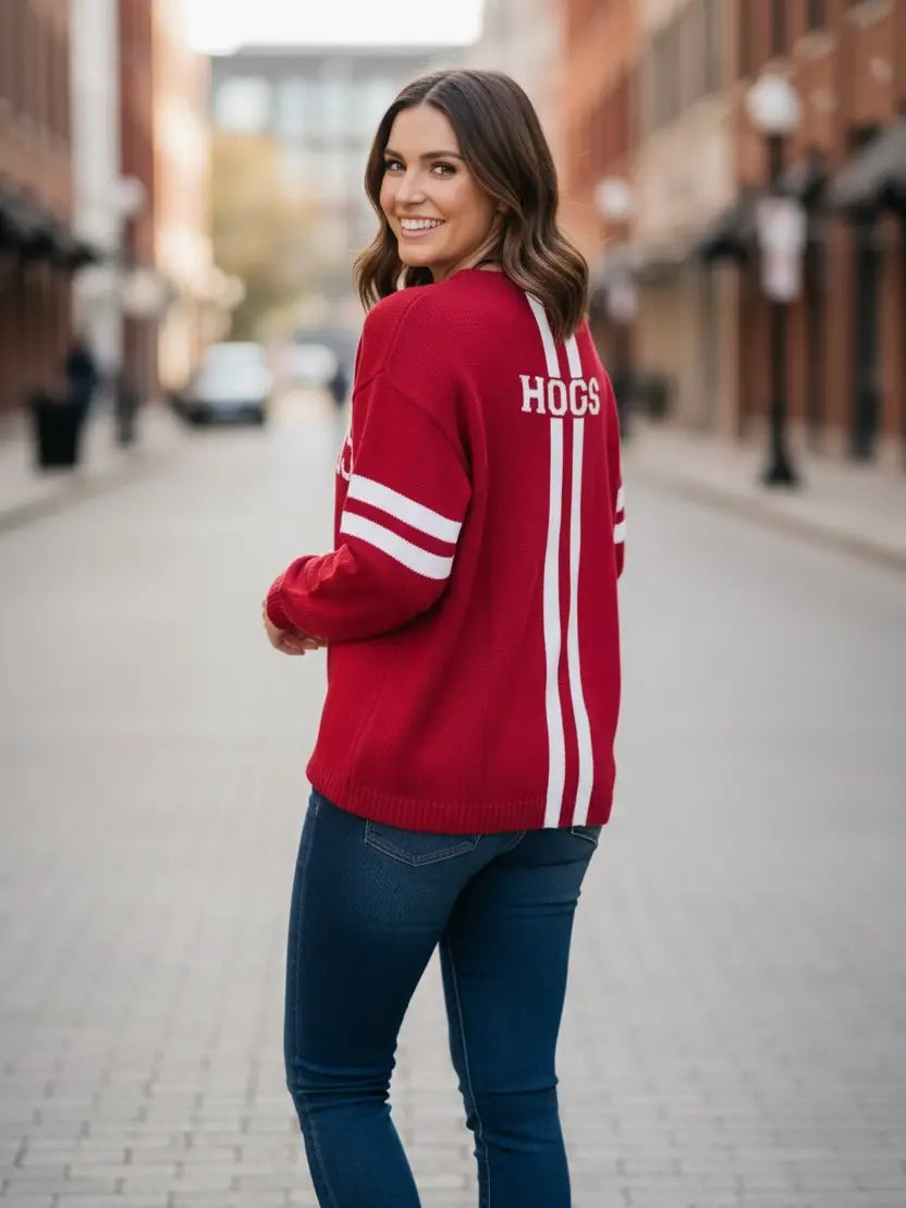 The A Cut Above Arkansas Razorback Boutique Sweater, a high-quality red knit pullover with white Fayetteville lettering, available at Whimsy Whoo.