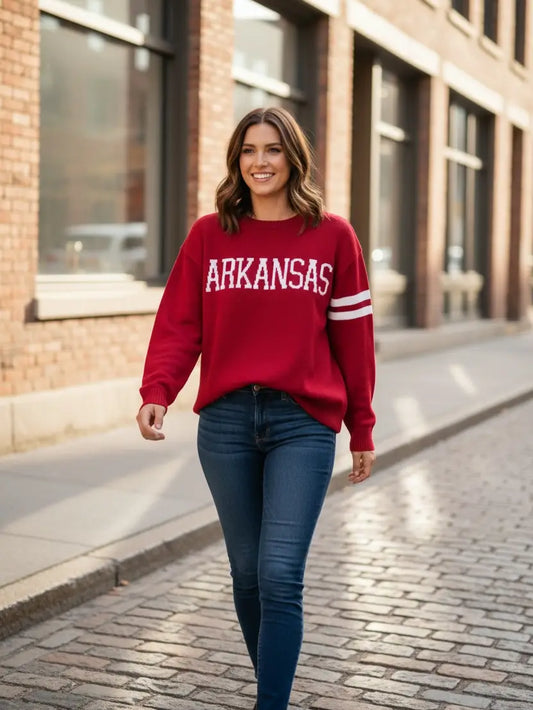 The A Cut Above Arkansas Razorback Boutique Sweater, a high-quality red knit pullover with white Fayetteville lettering, available at Whimsy Whoo.