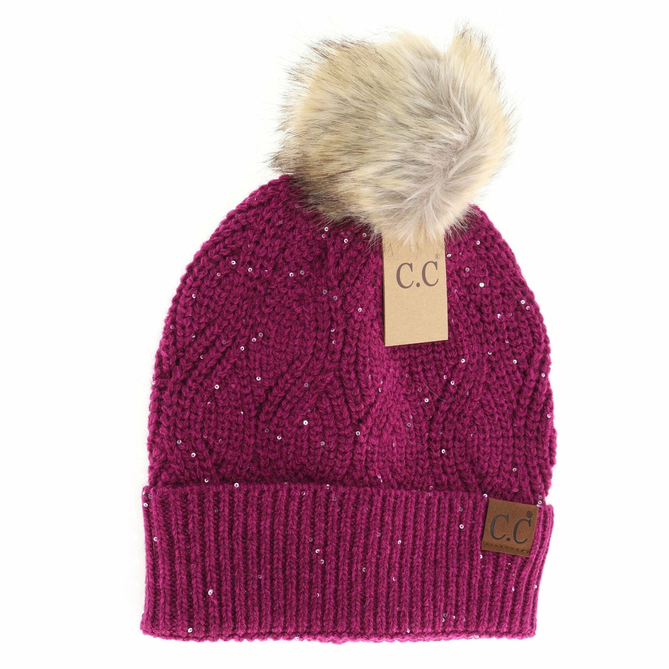 C.C | Sequin Brioche Cable Knit Fur Pom Beanie - Orchid