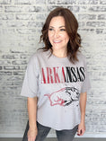 Load image into Gallery viewer, Red & Black printed Razorback Shirt on grey tee, razorback store, waist length razorback shirt, whimsy whoo boutique store near me in springdale
