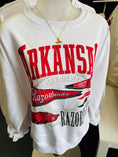 Load image into Gallery viewer, Women’s vintage pennant Arkansas Razorack sweatshirt from Whimsy Whoo Boutique store in Fayetteville, perfect for University of Arkansas game days.
