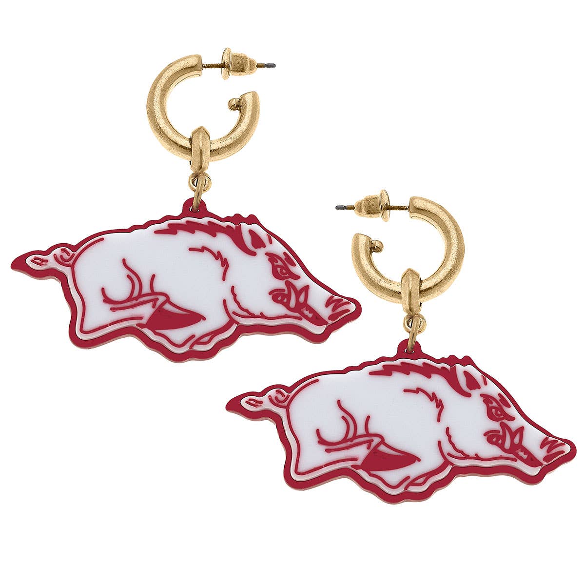 Pair of earrings with red and white designs on a white background