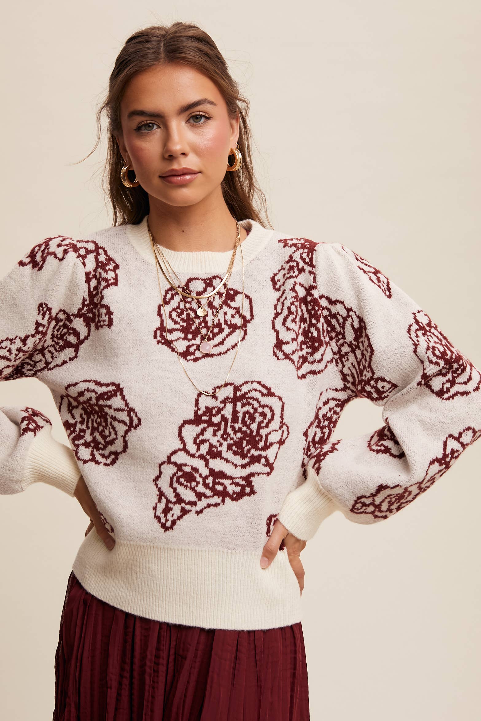 Feminine in Floral Puff-Sleeve Sweater