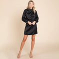 Load image into Gallery viewer, black long sleeve dress, black satin dress, black dress, holiday dress, christmas dress, holiday look, holiday looks, arkansas boutique, dress store near me
