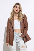 Load image into Gallery viewer, brown leather jacket, brown leather blazer, faux leather blazer, faux leather jacket, brown leather outerwear, leather outerwear, stores in fayetteville ar, clothing store fayetteville ar
