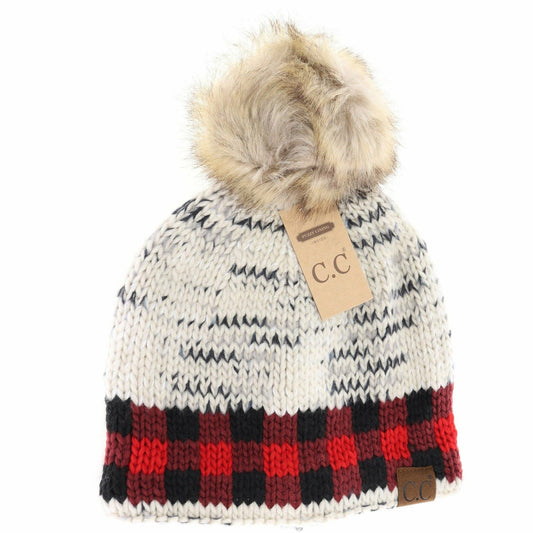 C.C Beanie | Buffalo Check Fur Pom Beanie