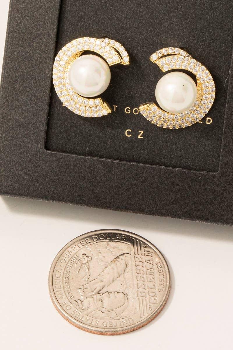 Elegant Design Pave Crescent And Pearl Stud Earrings
