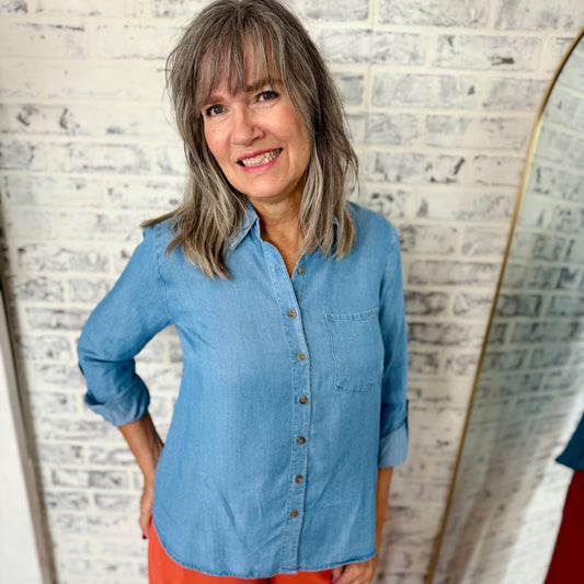 Chambray top, chambray shirt, chambray shirt women,  chambray fabric, chambray blue, chambray tops for women, chambray top outfit, denim shirt, denim top, boutique Springdale ar store