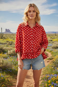 Load image into Gallery viewer, Close-up of The Dot-to-Dot Red Woven Top showing the functional button-front, collared neckline, and soft woven fabric.

