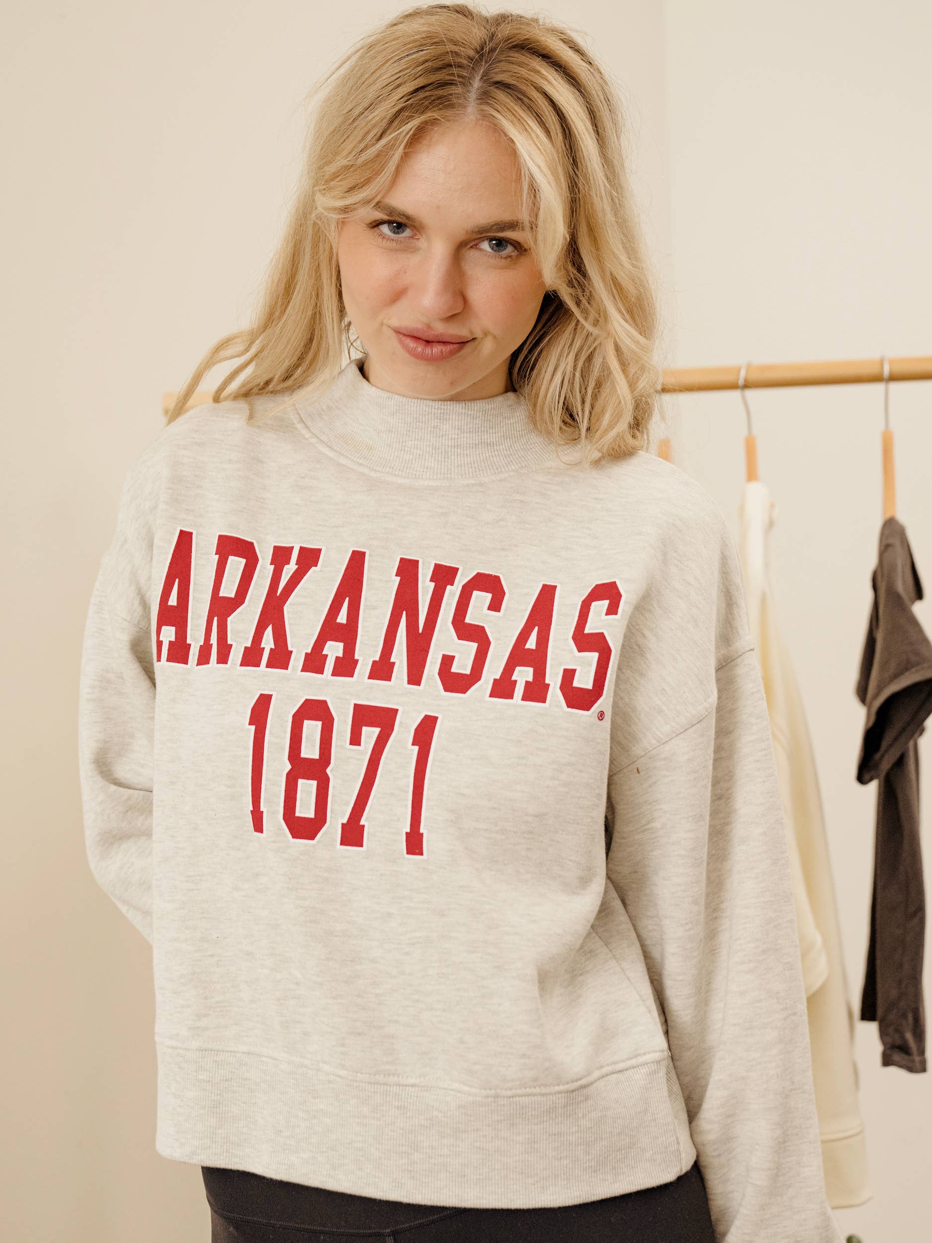 Arkansas College Block Puff Ink Gray Mock Neck Sweatshirt