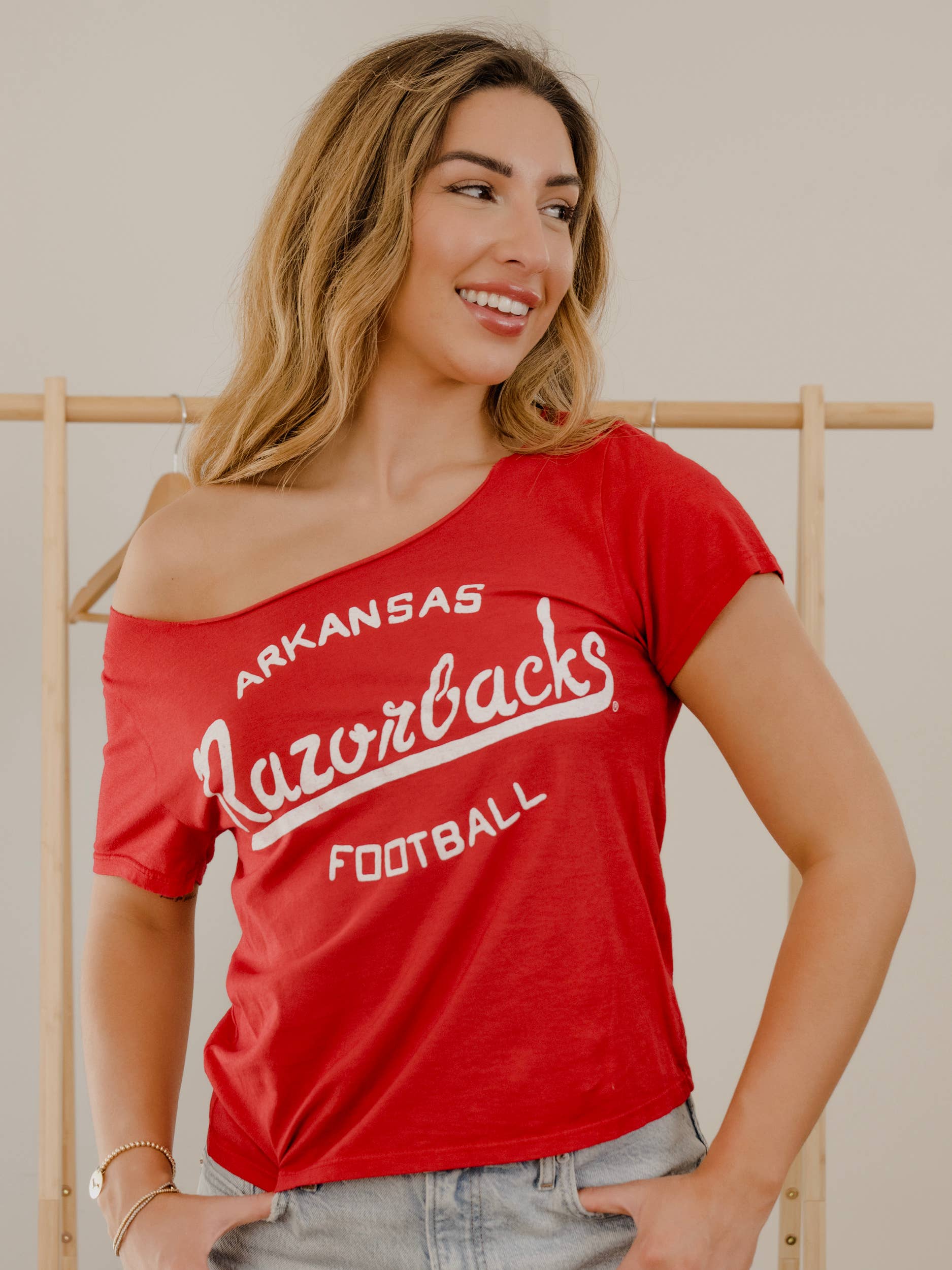 PRE-ORDER: My Elevated Varsity Off-Shoulder Razorback Tee