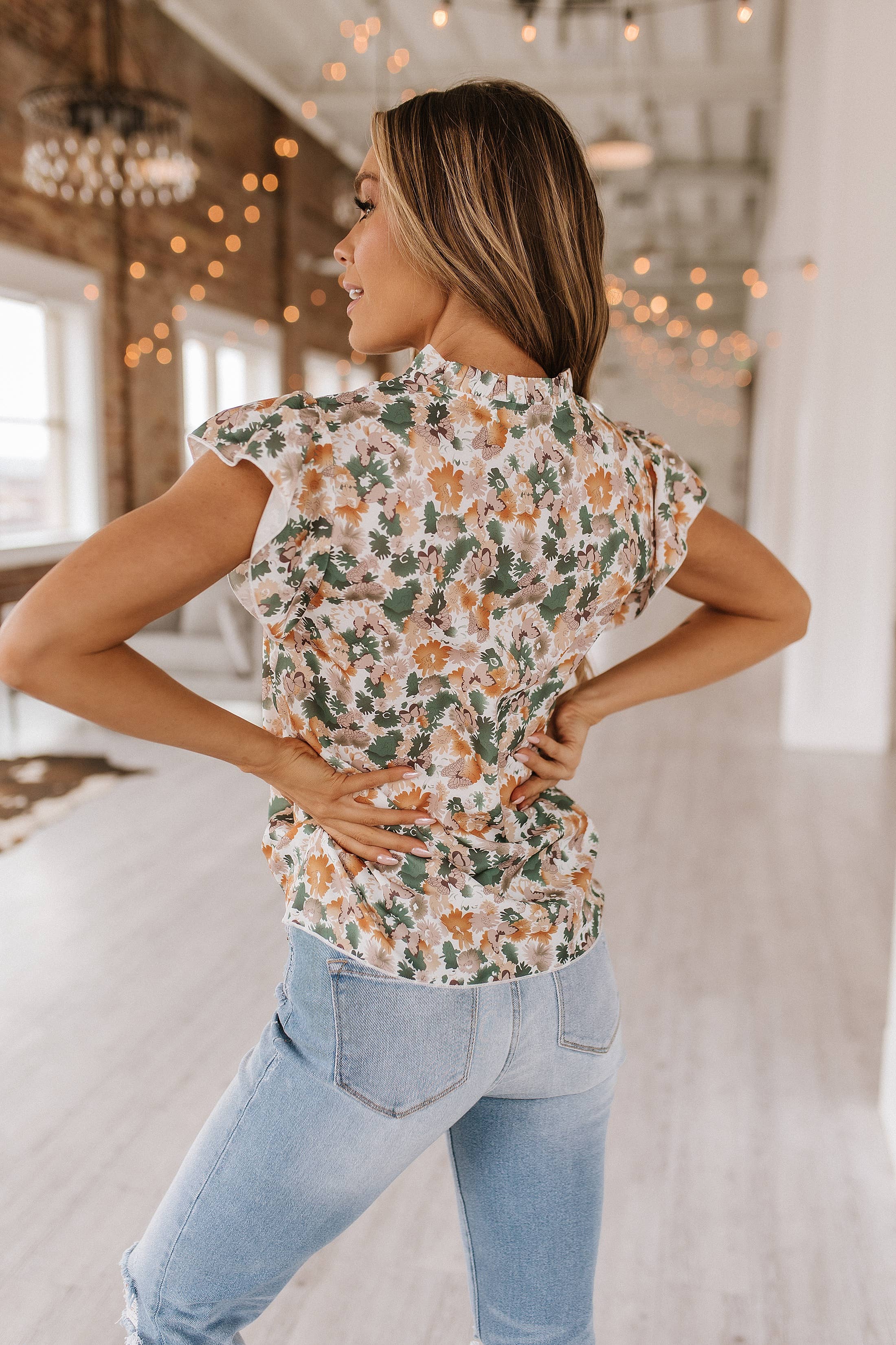 fall floral blouse, fall floral top, green floral blouse, green floral top, shopping fayetteville ar boutique store