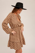 Load image into Gallery viewer, Brown plaid dress, checkered dresses, fall dresses for women, whimsy whoo boutique store, fayetteville, ar boutique near me
