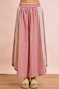 Load image into Gallery viewer, Front view of The Free Spirit Striped Barrel Pants, featuring bold red and white vertical stripes and a modern curved-leg silhouette.
