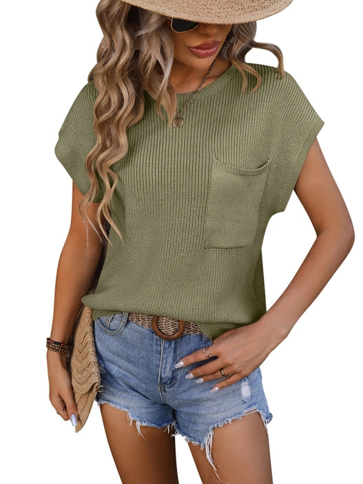 Easy Does It Patch Pocket Short-sleeved Sweater