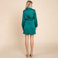 Load image into Gallery viewer, green long sleeve dress, green satin dress, green dress, holiday dress, christmas dress, holiday look, holiday looks, arkansas boutique, dress store near me
