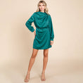 Load image into Gallery viewer, green long sleeve dress, green satin dress, green dress, holiday dress, christmas dress, holiday look, holiday looks, arkansas boutique, dress store near me
