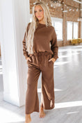 Load image into Gallery viewer, brown matching set, brown textured matching set for women, textured matching set for women, long sleeve matching set, co-or matching set, co-ord, co-ord set, two piece sets, brown set, matching sets for women, woman two piece set, 2 piece outfit women, clothing set, women's two piece set, liam & co clothing, boutique near me
