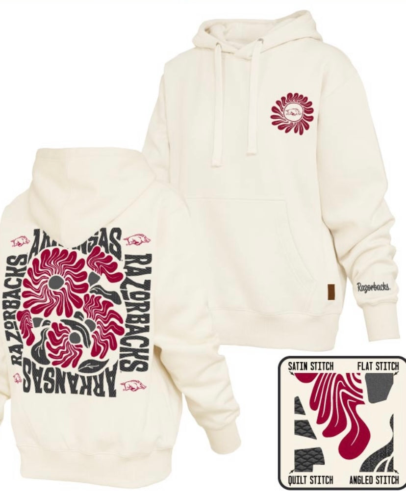 Oversized Arkansas Razorback hoodie for women styled as a casual game day outfit, available at Whimsy Whoo Boutique in Fayetteville, Arkansas.