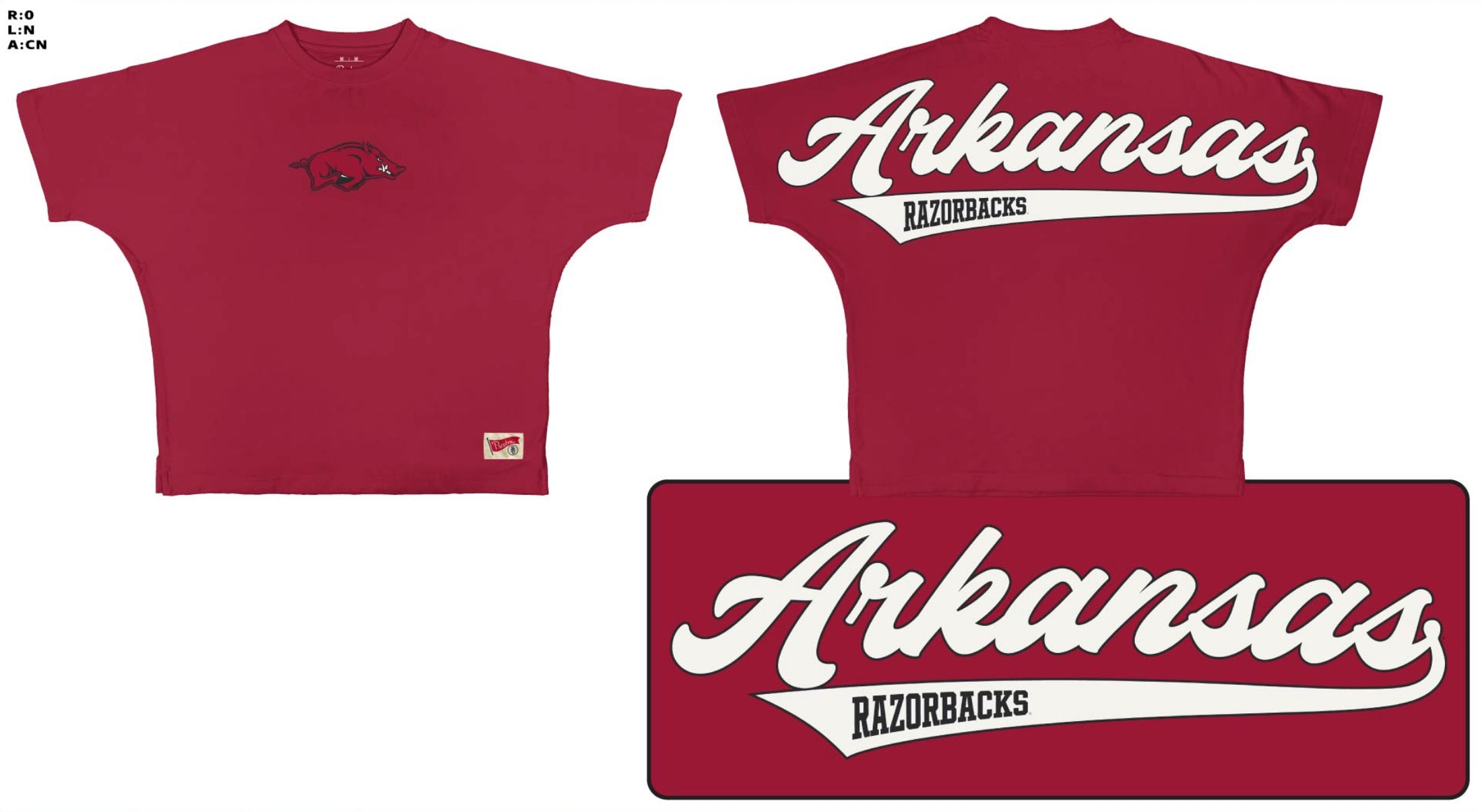 Full product layout of the Big Red Oversized Arkansas Razorback Tee by Pressbox, a must-have Fayetteville gameday staple.
