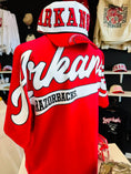 Load image into Gallery viewer, Back view of oversized crimson Arkansas Razorback game day tee featuring relaxed fit for women shopping Razorback apparel in Fayetteville Arkansas.
