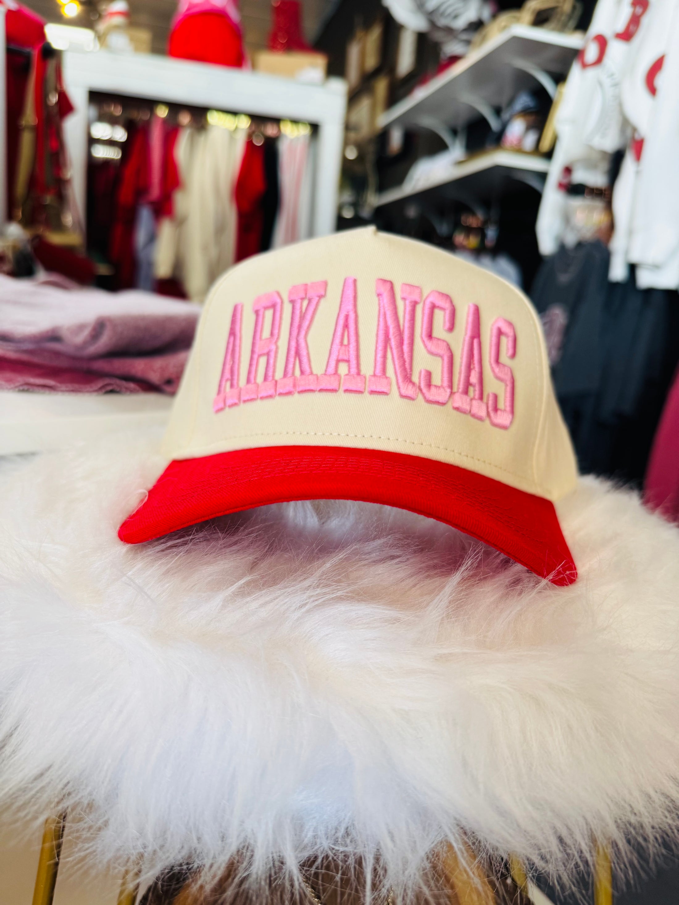 The best-selling Arkansas Razorback Pink Boutique Hat, a must-have gameday accessory available at Whimsy Whoo in Fayetteville, Arkansas shopping.