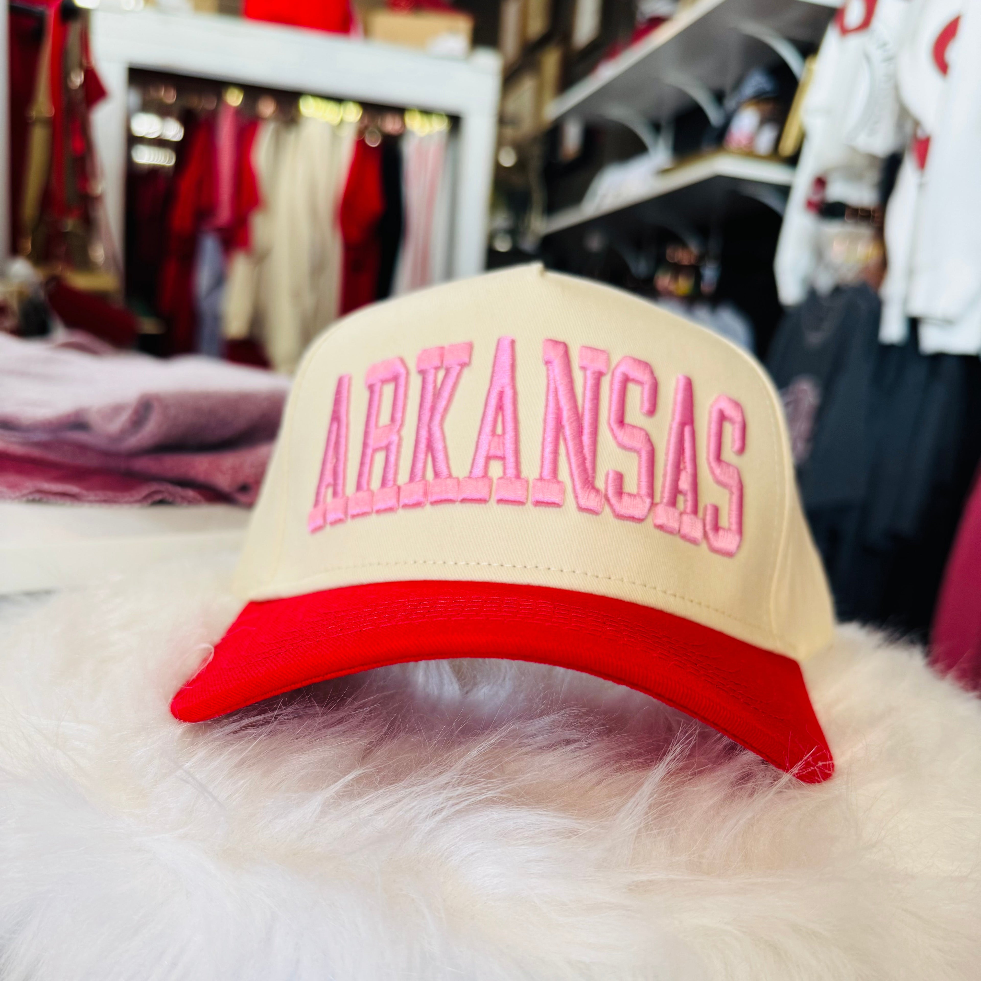 The best-selling Arkansas Razorback Pink Boutique Hat, a must-have gameday accessory available at Whimsy Whoo in Fayetteville, Arkansas shopping.