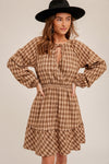 Brown plaid dress, checkered dresses, fall dresses for women, whimsy whoo boutique store, fayetteville, ar boutique near me