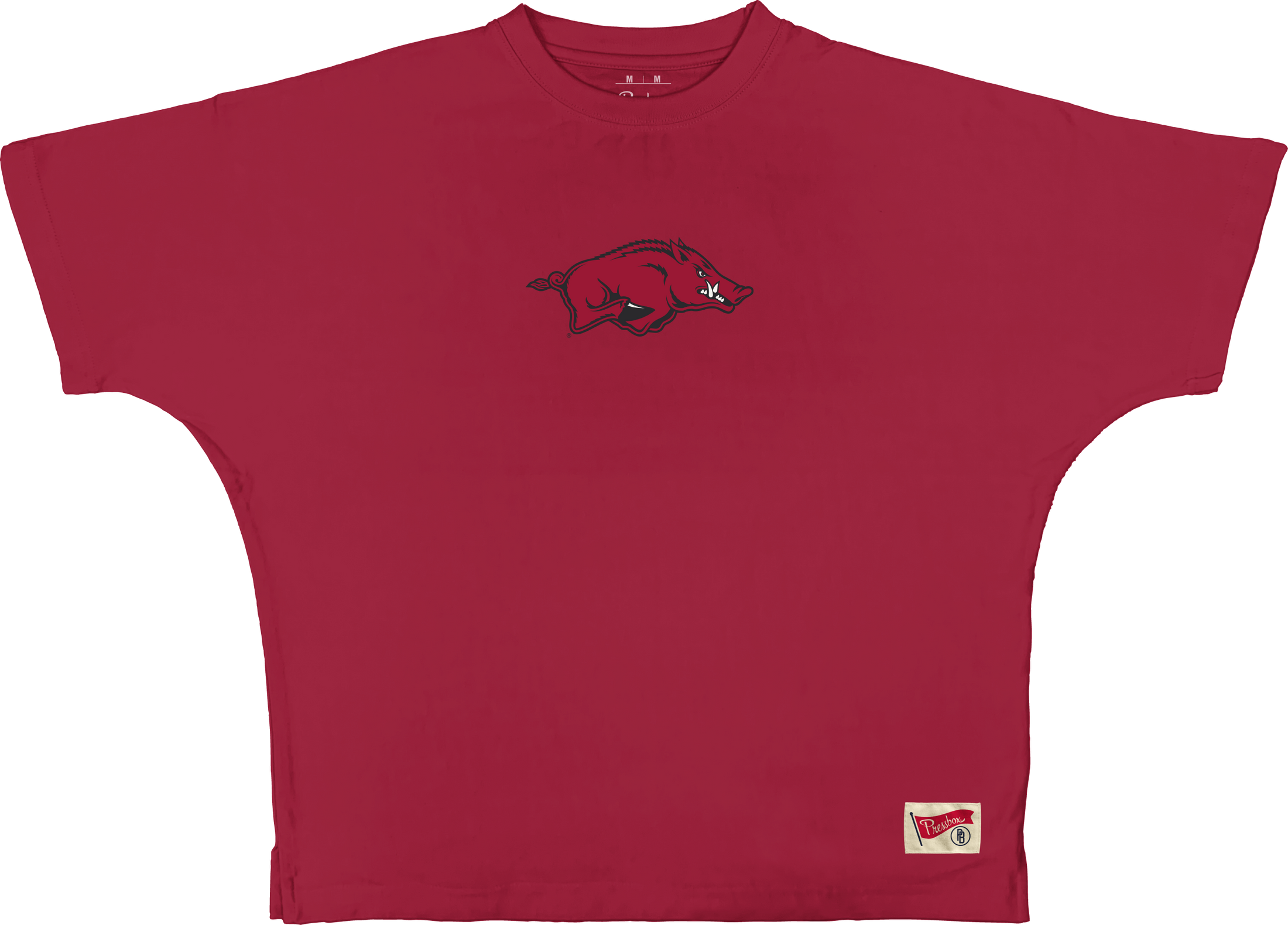 Front view of the Big Red Oversized Arkansas Razorback Tee by Pressbox, featuring a small red running hog logo on a crimson shirt.