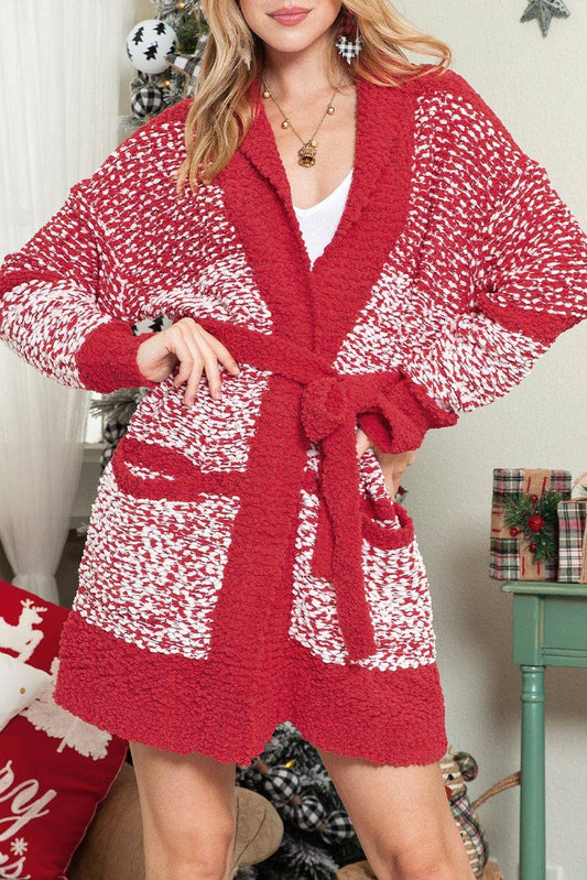 red cardigan, red popcorn cardigan, soft cardigan, fall cardigan, popcorn fabric outerwear, cozy cardigan, soft cardigan, warm cardigan, boutique near me, store springdale