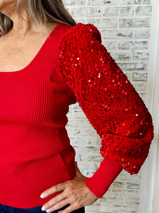 dressy red tops, red tops for women, Long sleeve red tops for women, red long sleeve blouse, red long sleeve top,  red long sleeve square neck top, red long sleeve square neck top with sequins