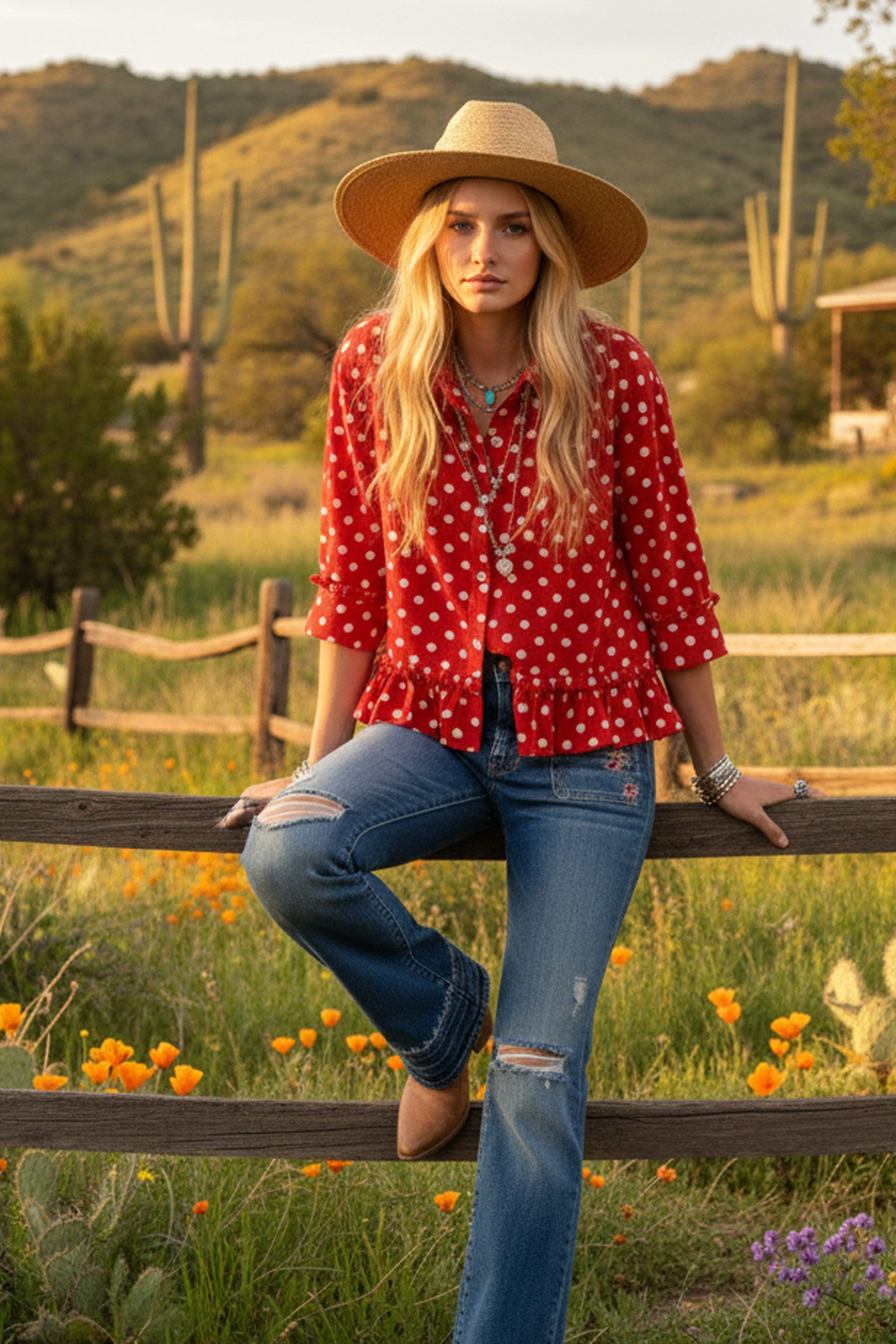 The Dot-to-Dot Red Woven Top, a red and white polka dot button-down blouse with a peplum hem, styled with denim shorts and a western hat.