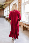 Load image into Gallery viewer, red velvet cardigan, long-line cardigan, velvet cardigan, holiday outerwear, shopping fayetteville ar boutique store
