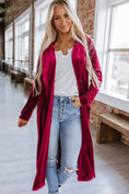 Load image into Gallery viewer, red velvet cardigan, long-line cardigan, velvet cardigan, holiday outerwear, shopping fayetteville ar boutique store
