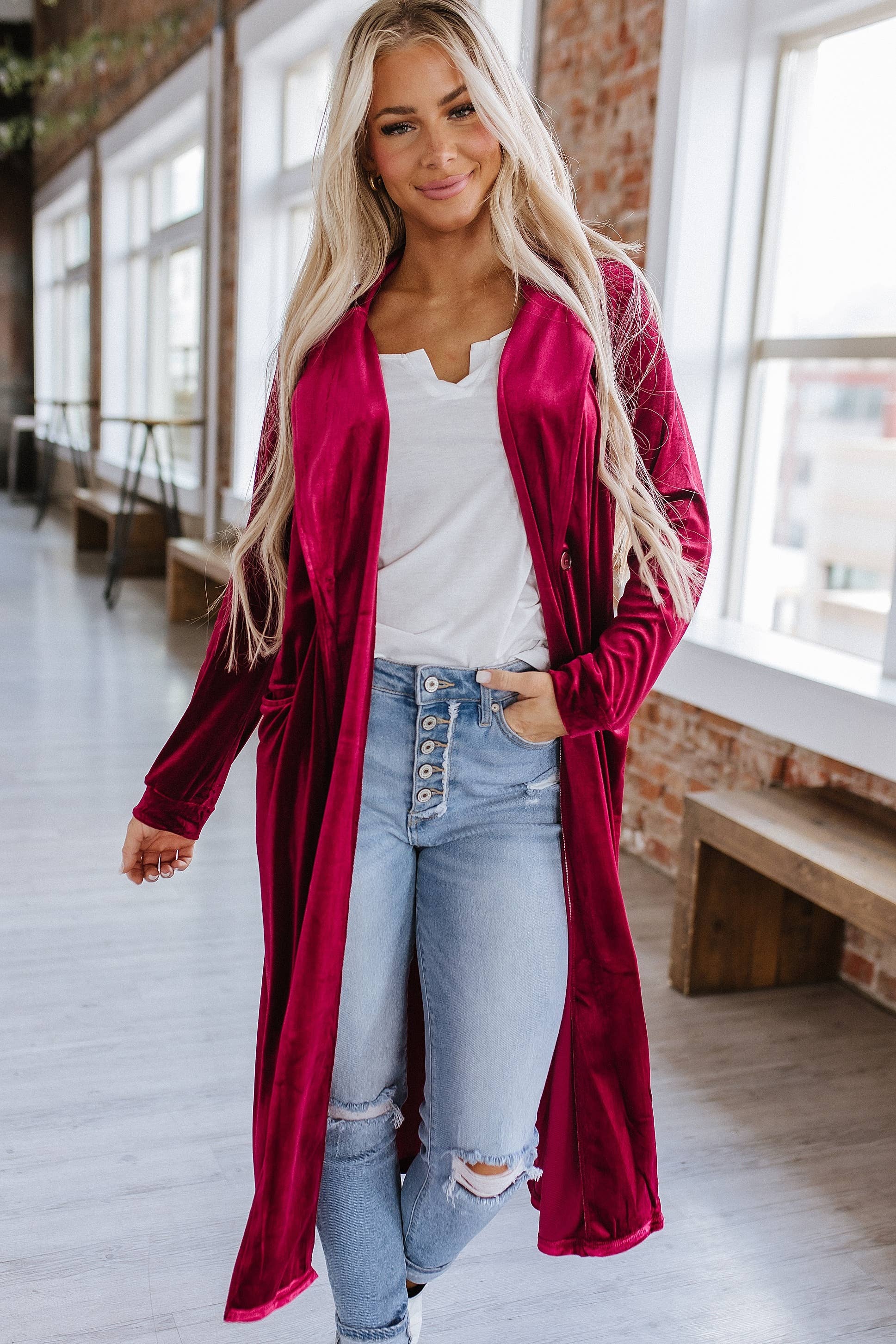 red velvet cardigan, long-line cardigan, velvet cardigan, holiday outerwear, shopping fayetteville ar boutique store