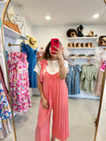 Load image into Gallery viewer, coral jumpsuit, summer jumpsuit, cropped jumpsuit, shopping fayetteville ar boutique store
