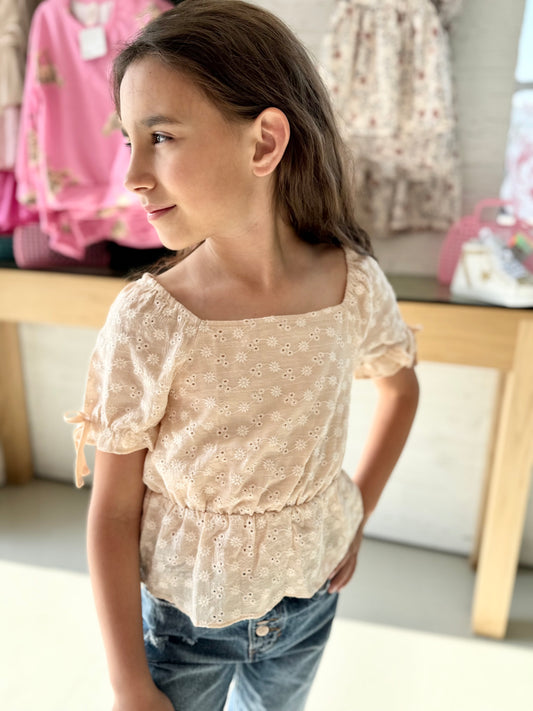 Kids | Sweet Puff Floral Embroidery Top