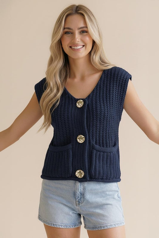 Full front view of the Life is Golden Button Down Knit Vest. A premium navy sleeveless sweater with statement gold hardware, perfect for spring layering in Fayetteville.
