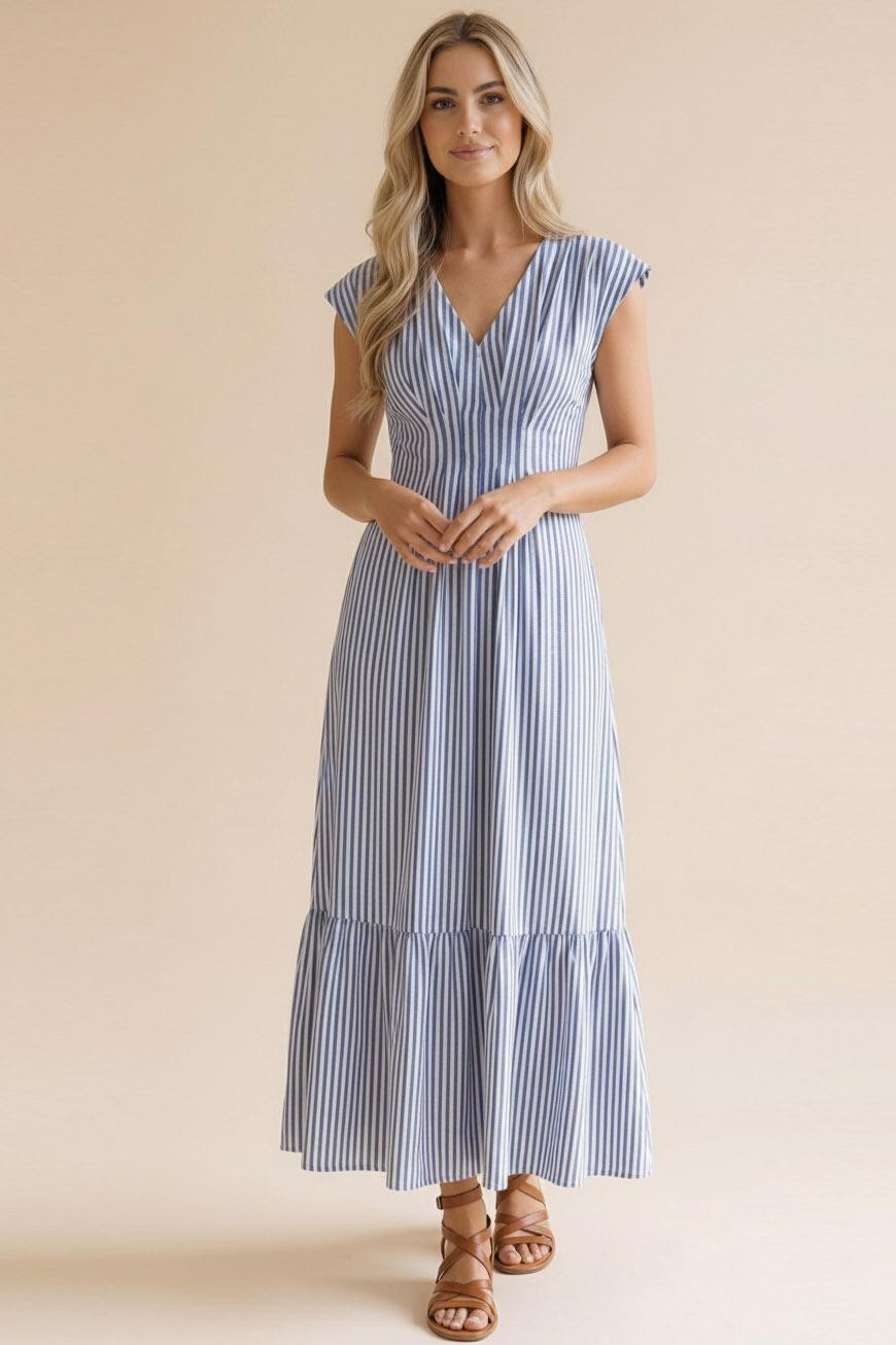 Front view of the Take me to the Seaside Striped Maxi at Whimsy Boutique. This blue and white striped tiered dress with a V-neckline is a spring essential for our Arkansas boutique shoppers.