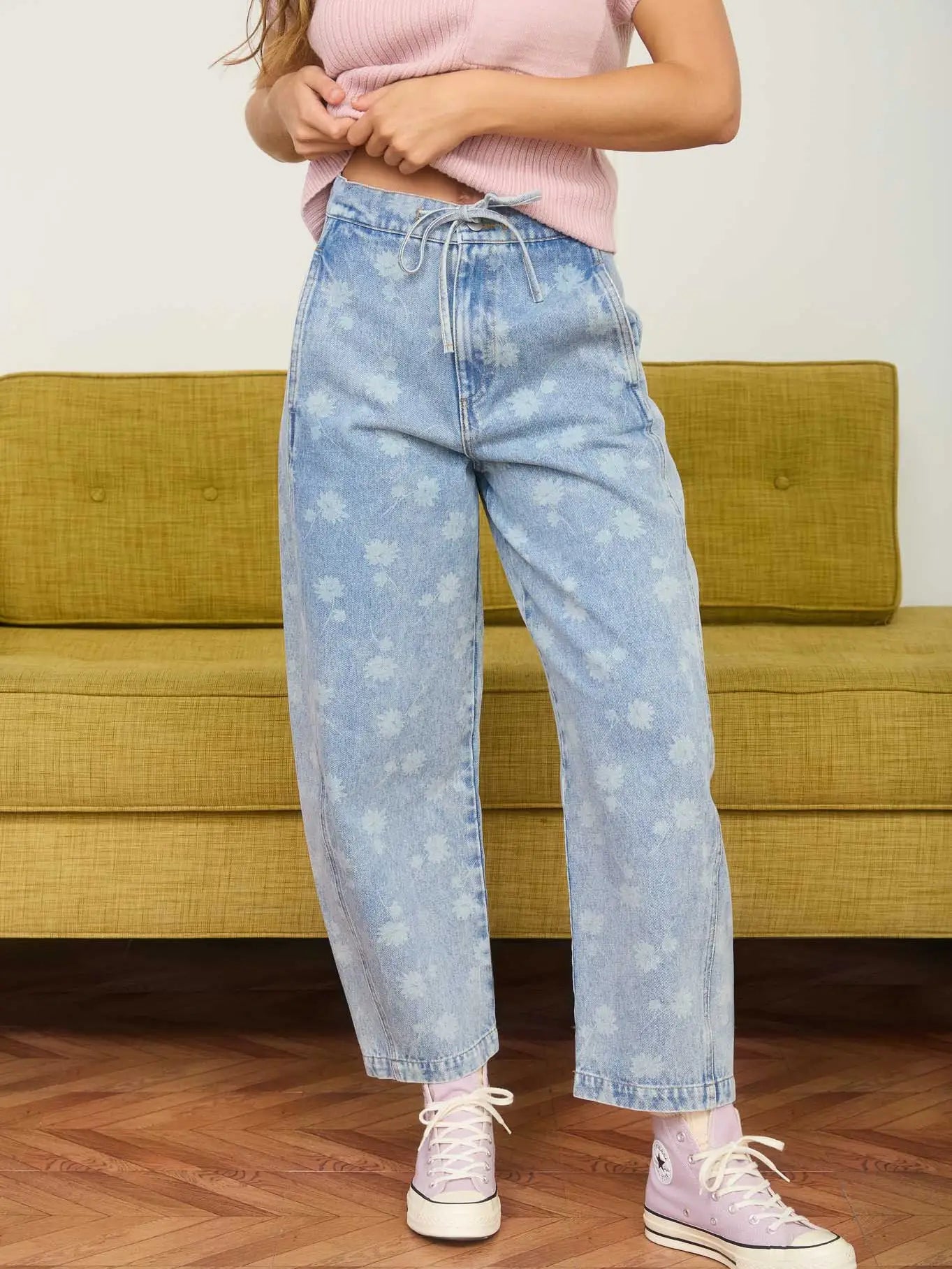  Whimsy Wildflower Drawstring Barrel Jeans featuring a dandelion washed denim pattern.