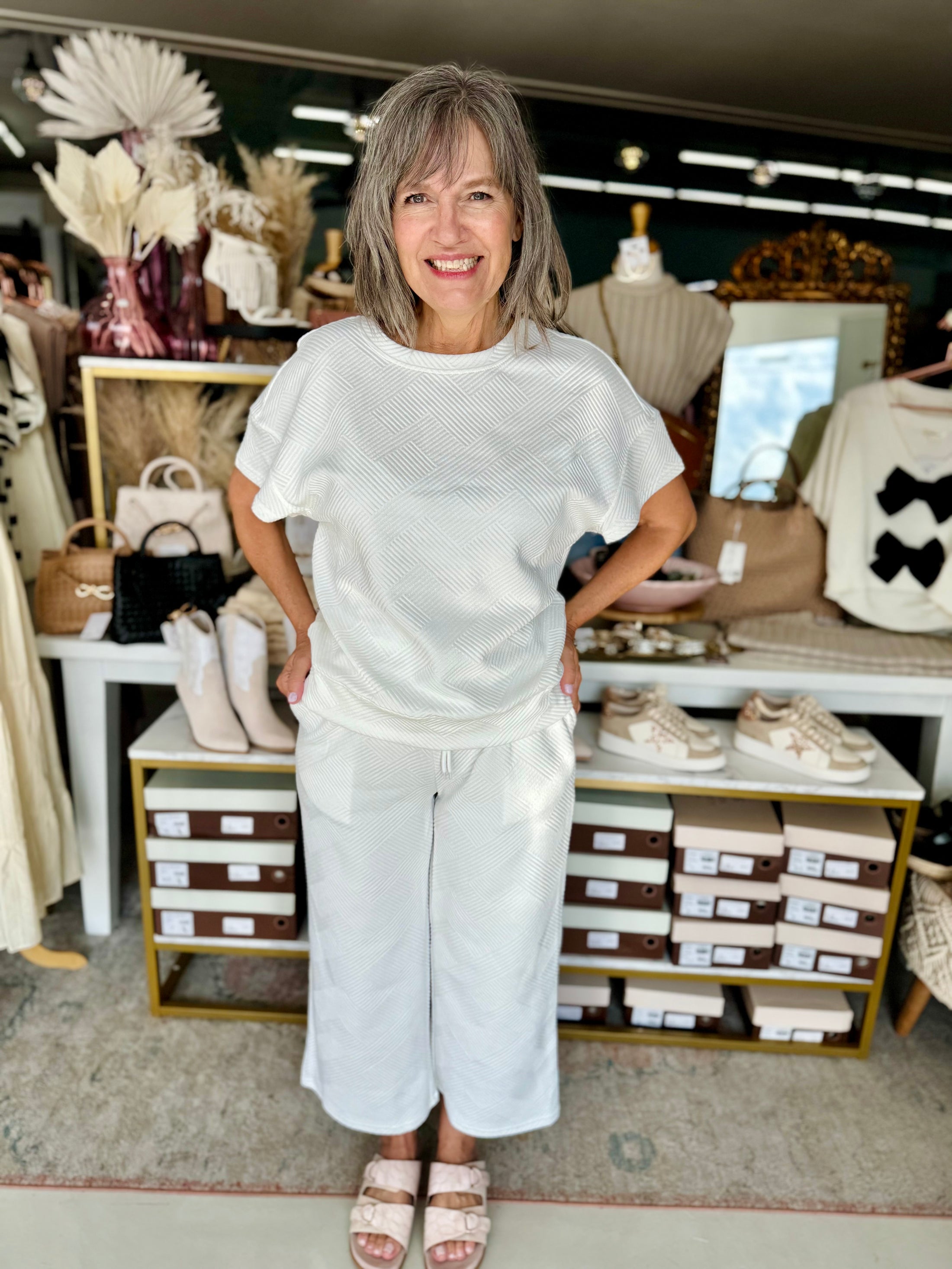 white matching set, white textured matching set, matching sets women,  matching set outfits, matching sets near me, white matching set pants, shopping fayetteville arkansas