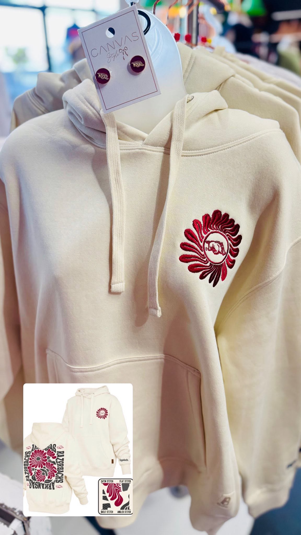 Close-up of the floral Arkansas Razorback hoodie featuring a vintage-inspired Hog design, women’s University of Arkansas game day sweatshirt from a Fayetteville Arkansas boutique.