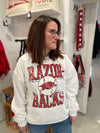 Razor- top with baseball with a hog in the middle Backs on the bottom.  Arkansas Razorback Baseball Sweatshirt