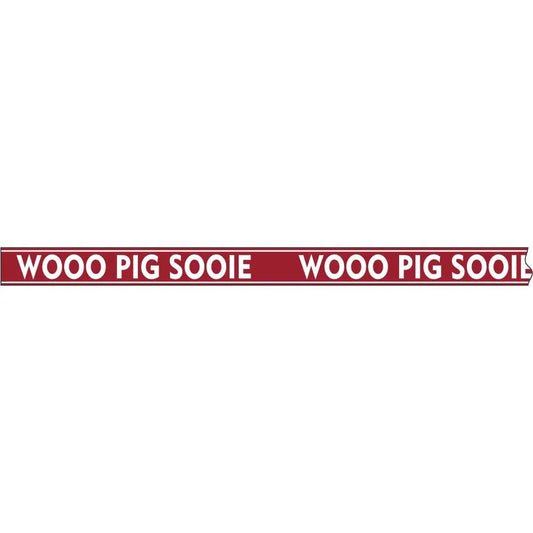 A red and white beaded purse strap with the text 'WOOO PIG SOOIE' printed in the center. beaded purse strap, beaded purse strap near me, beaded purse strap Arkansas razorback