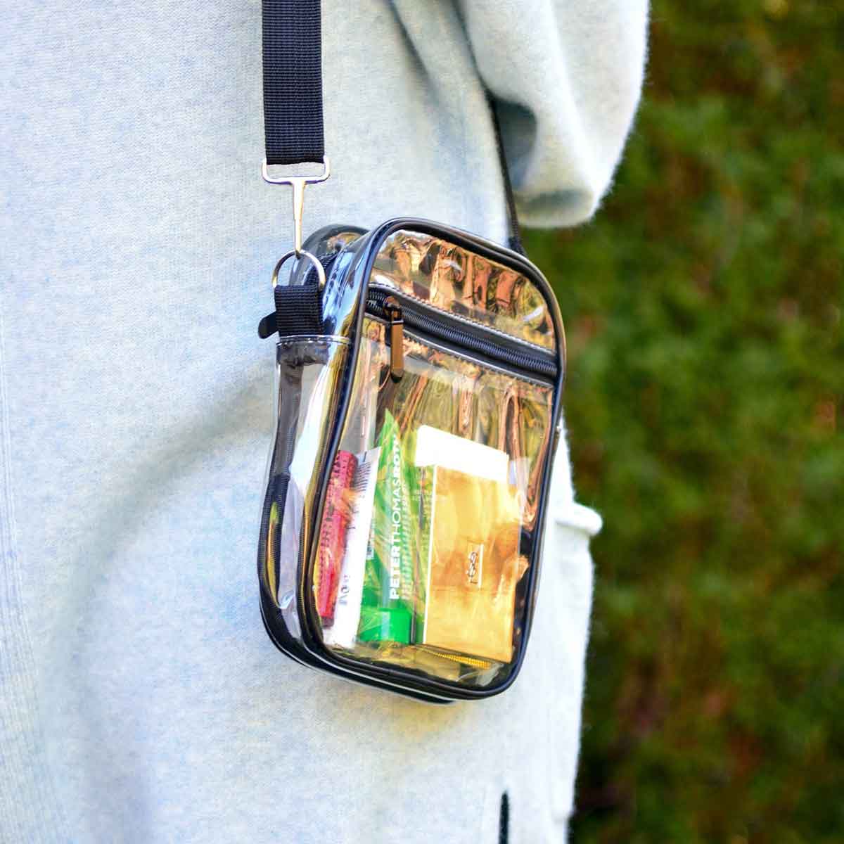 Clear Cross Body Stadium Bag, with black strap measurements : 7.7" x 6" (stadium approved!)
