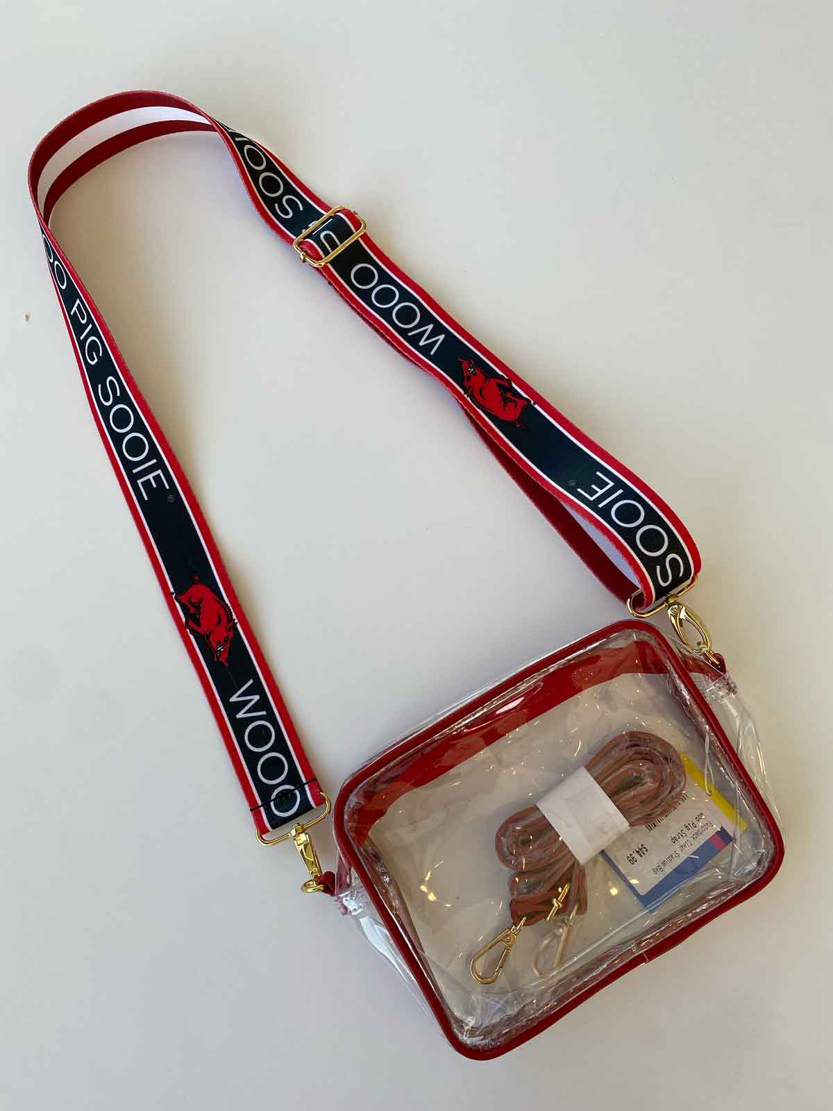 clear stadium approved bag with red, white, black strap with red razorbackRazorback Clear Stadium Bag