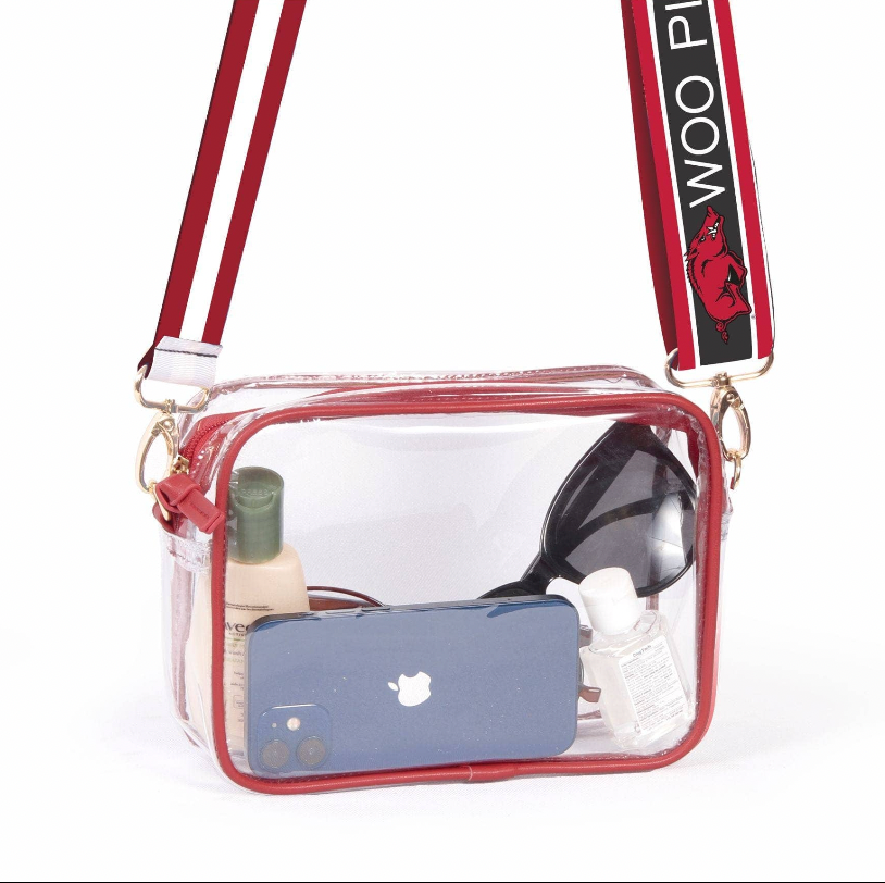 clear stadium approved bag with red, white, black strap with red razorbackRazorback Clear Stadium Bag