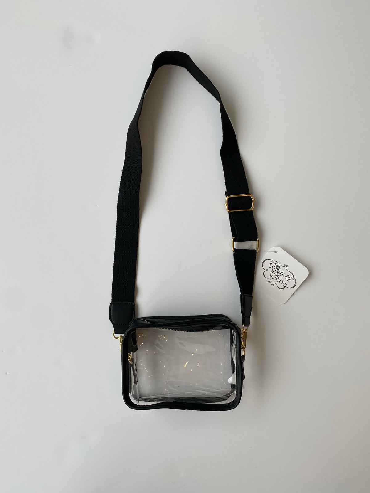 Clear Cross Body Bags with a black strap. Stadium approved, Concert Approved